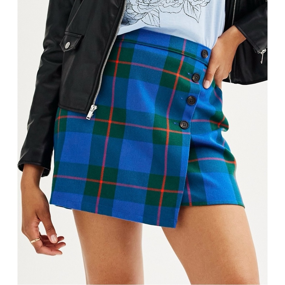 NWT SO Buttoned Faux Wrap Skirt Blue Plaid Juniors Size 15